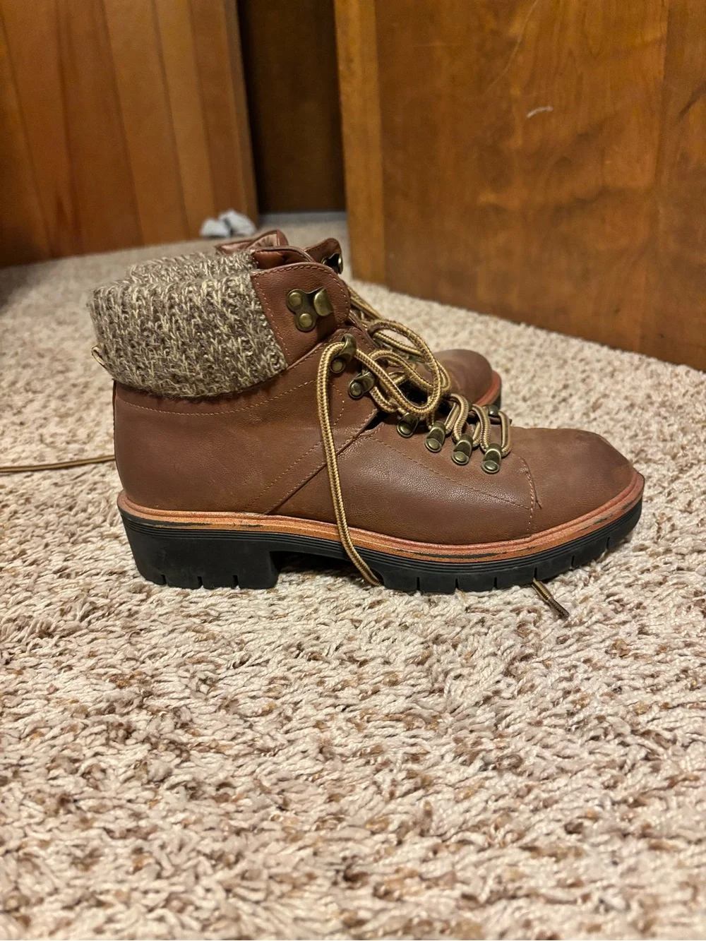 Women’s Brown Leather Lace-Up “Hiker” style Boots with knit detail